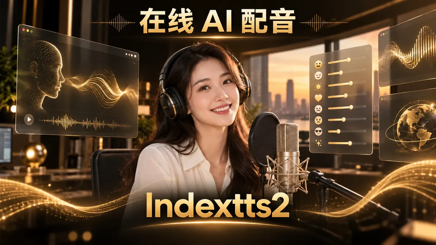 Indextts2 在线 AI 配音:中国女生使用耳机与麦克风录音,展示语气控制和声音波形
